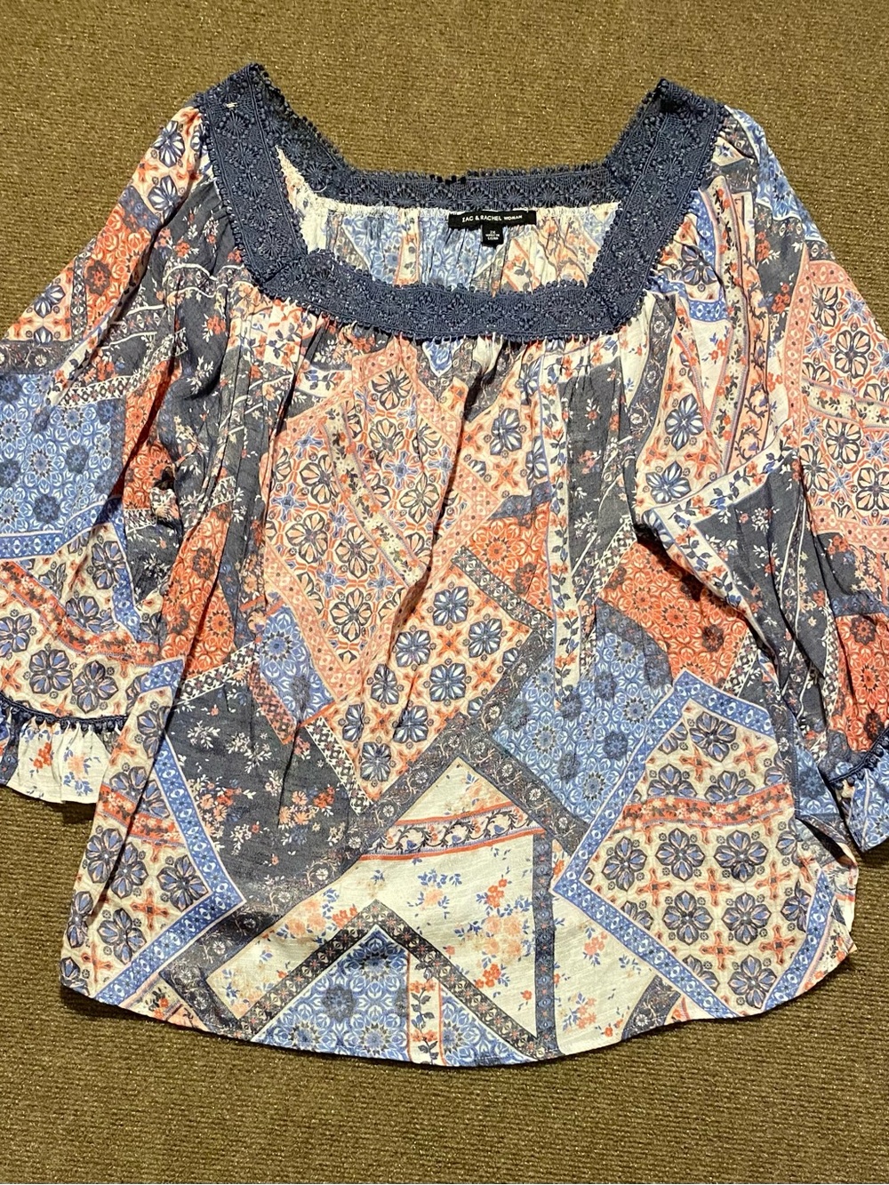 Zac & Rachel Blue, Coral and Cream Patchwork Peasant Blouse